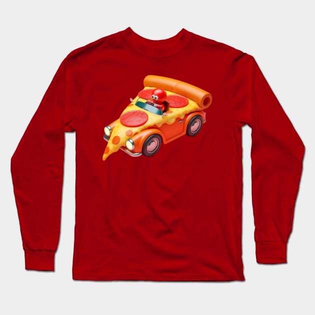 A slice of pizza driving a tiny pizza-shaped car with pepperoni wheels Long Sleeve T-Shirt by maricetak